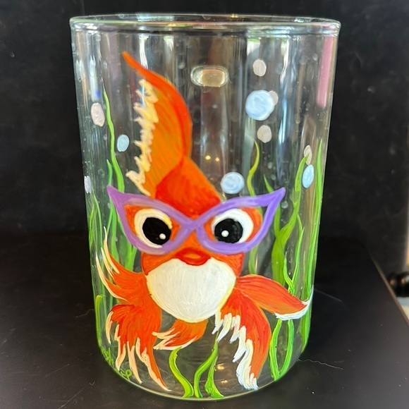 Hand Painted Goldfish with Glasses Clear Glass Coffee Tea Mug - Picture 1 of 4
